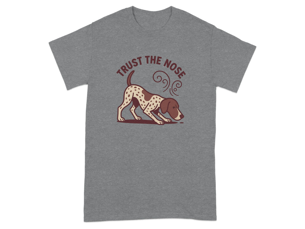 A brown and white dog is sniffing the ground with "Trust The Nose" text.