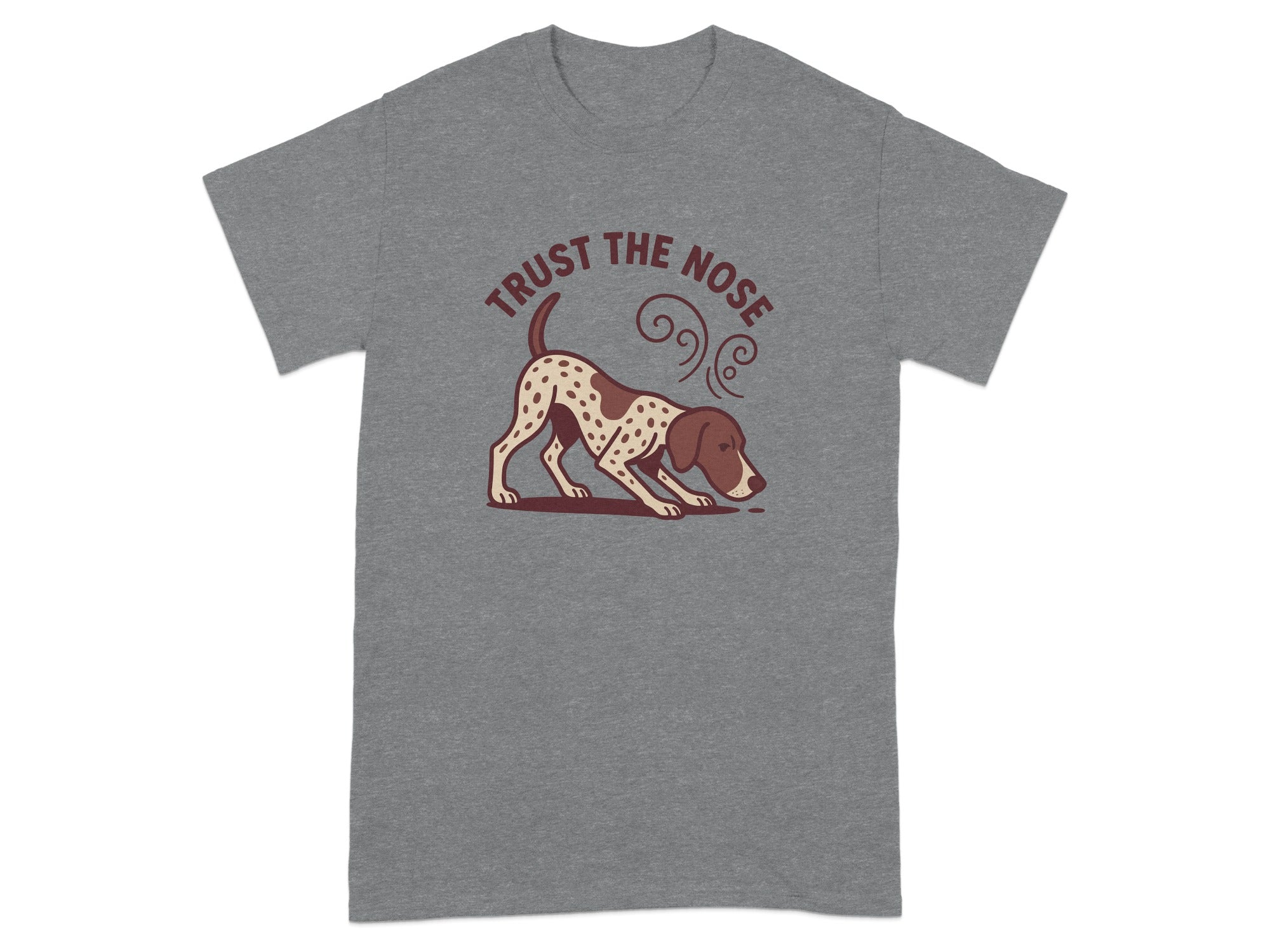 A brown and white dog is sniffing the ground with "Trust The Nose" text.