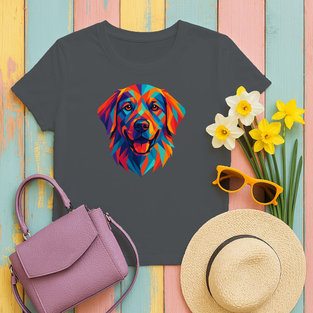 Geometric Golden Retriever Dog Colorful Art T-Shirt in Charcoal
