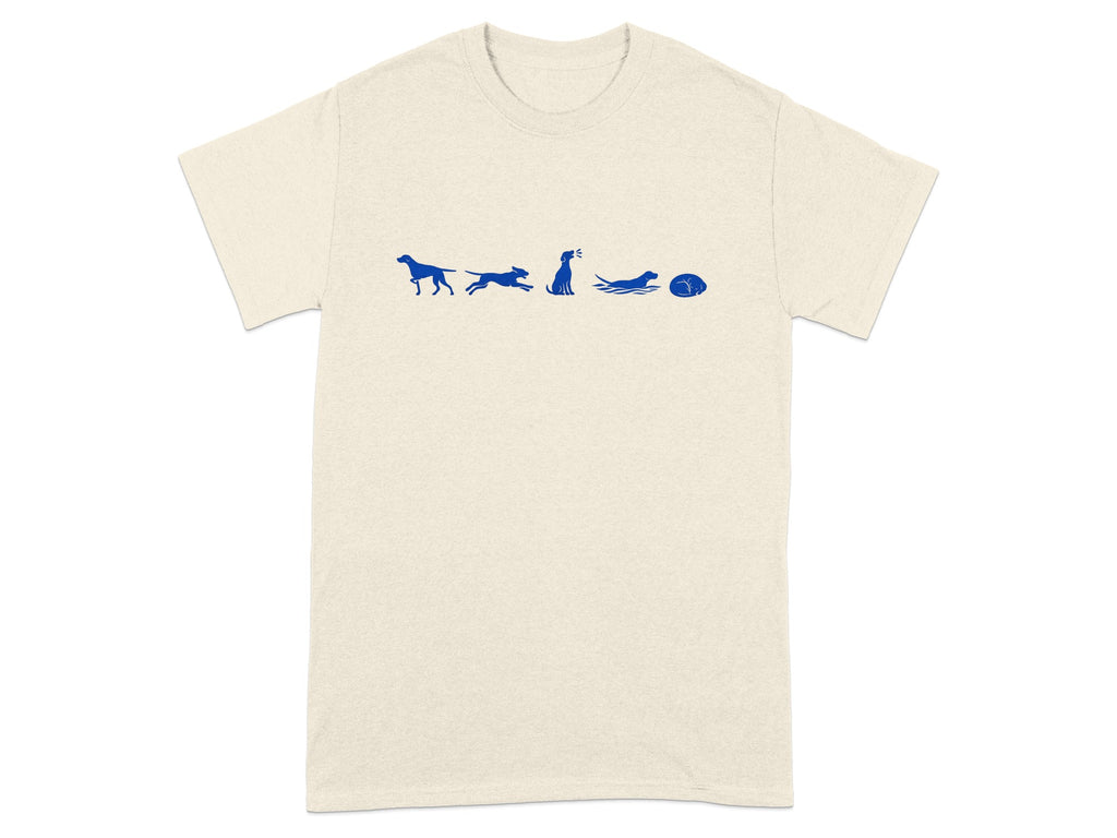 Cream t-shirt with blue dog silhouette graphic showing different actions.