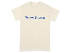 Cream t-shirt with blue dog silhouette graphic showing different actions.