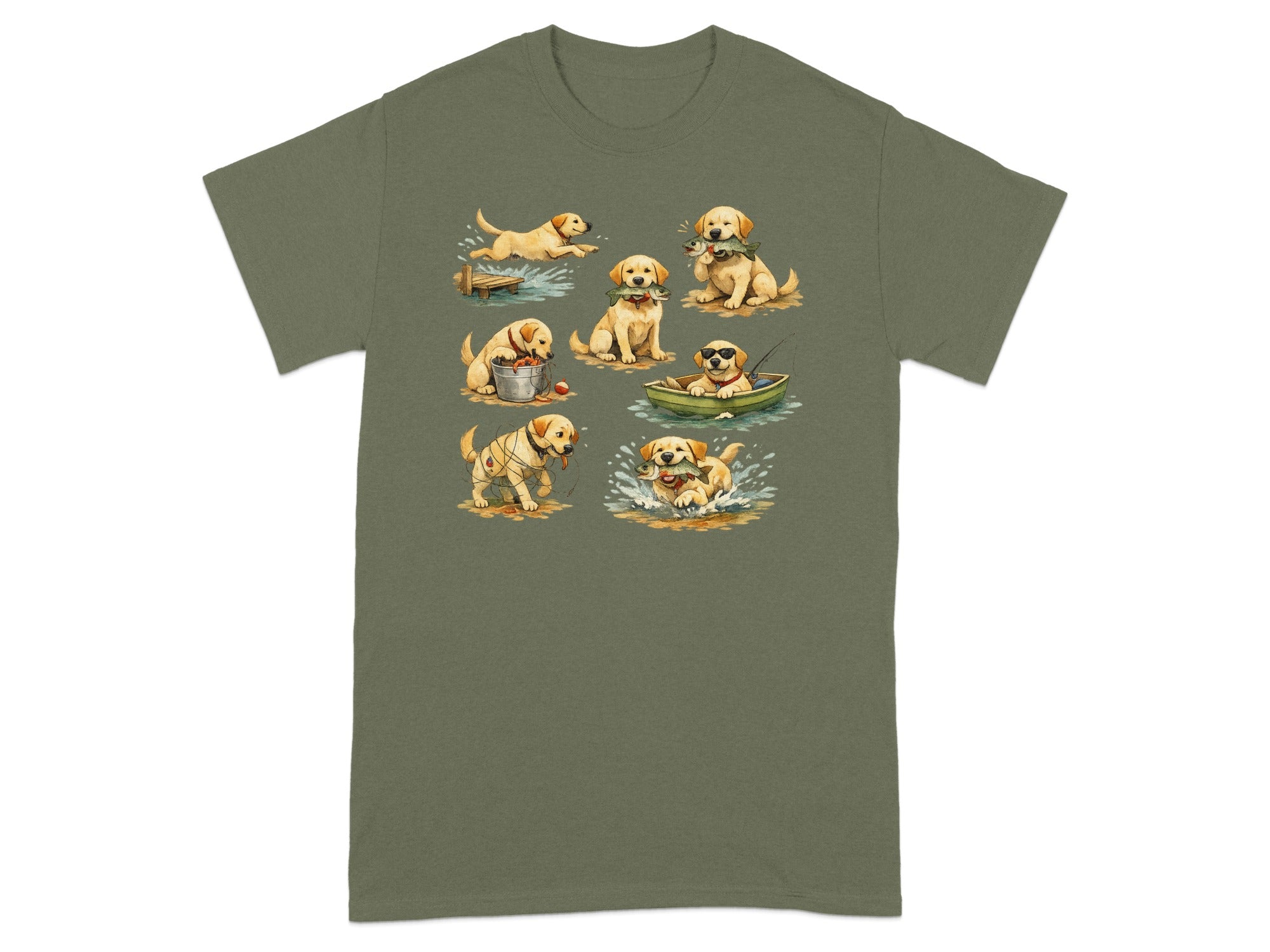 T-shirt design features a collage of Labrador puppies engaging in various fishing and water activities.