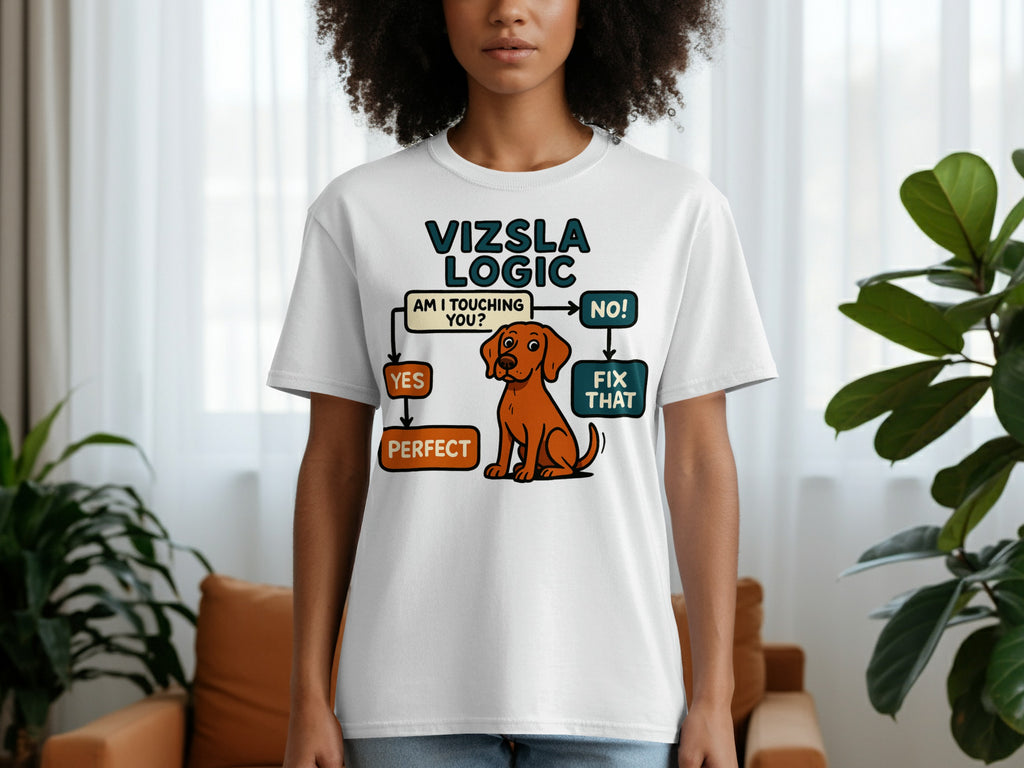 White t-shirt with a Vizsla logic flowchart and cartoon dog graphic.