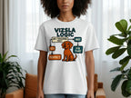 White t-shirt with a Vizsla logic flowchart and cartoon dog graphic.