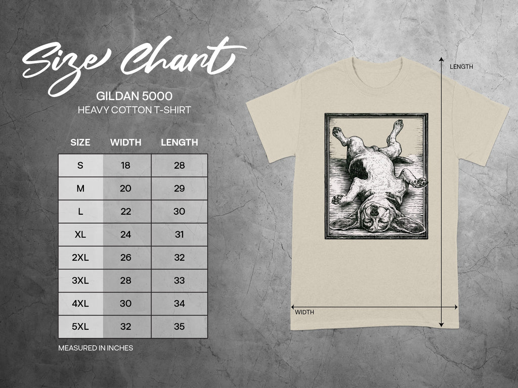 Gildan 5000 t-shirt size chart with measurements for width and length in inches.