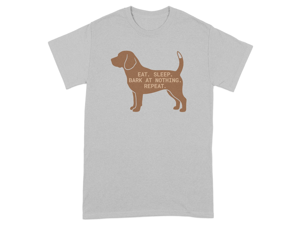Gray t-shirt with brown dog graphic and text "EAT, SLEEP, BARK AT NOTHING. REPEAT."