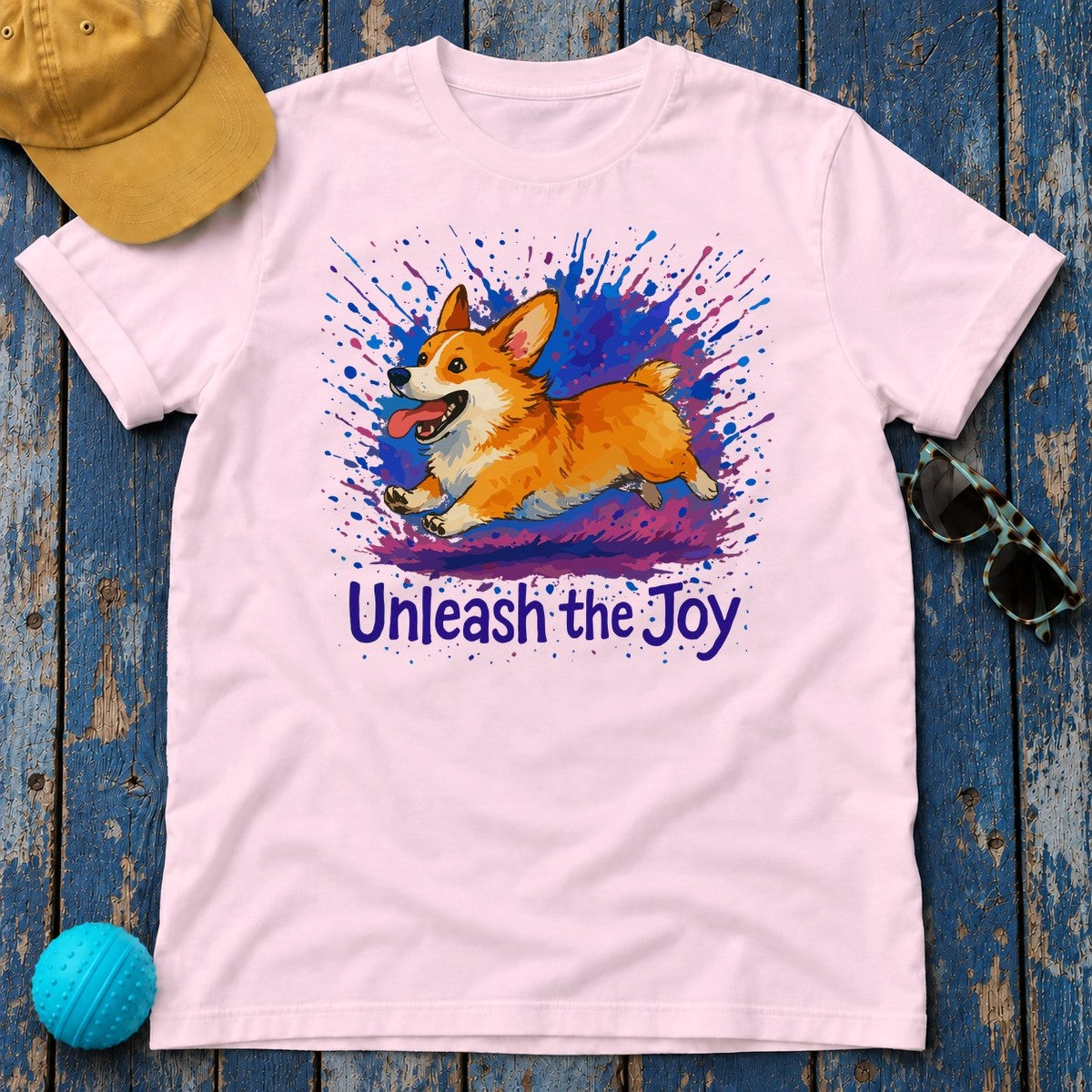 Joyful Corgi Splash Art T-Shirt in Light Pink