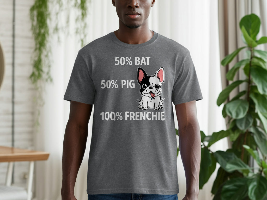 Gray t-shirt with text "50% BAT 50% PIG 100% FRENCHIE" and a French bulldog graphic.