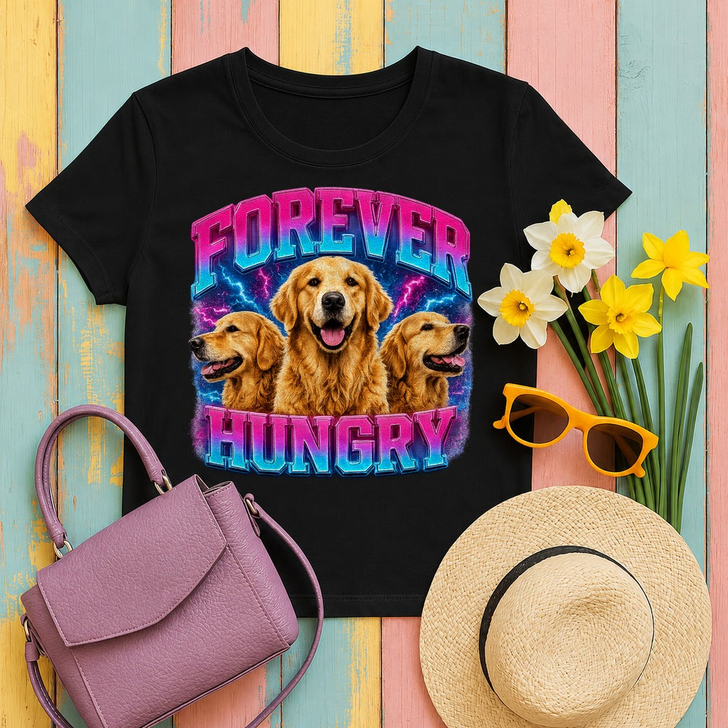 Forever Hungry Golden Retriever Graphic T-shirt in Black