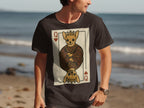 Queen of Hearts playing card featuring a crowned chihuahua on a dark t-shirt.