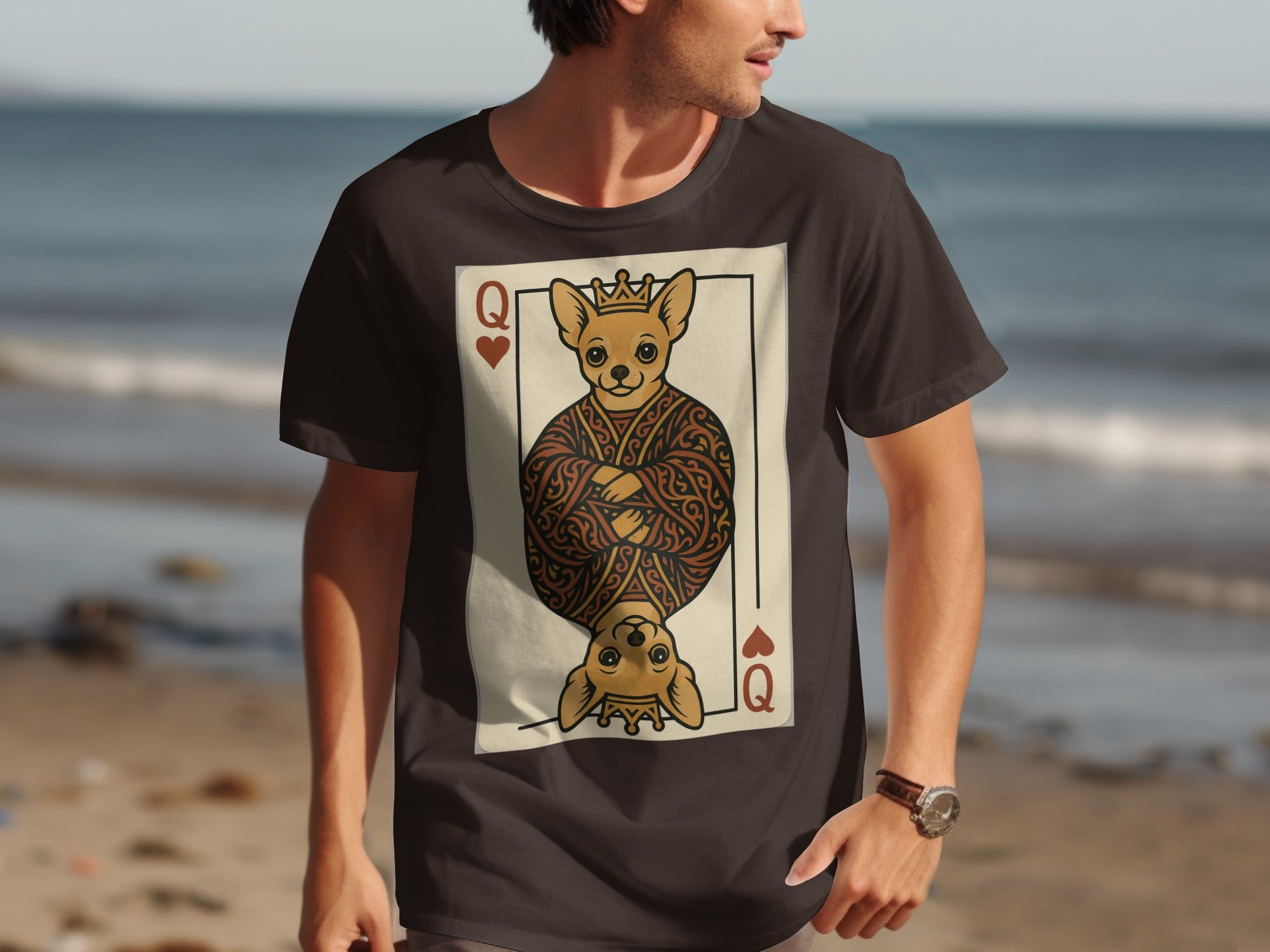 Queen of Hearts playing card featuring a crowned chihuahua on a dark t-shirt.