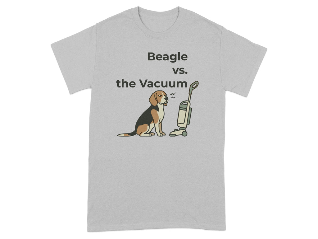 Beagle dog sitting in front of a vacuum cleaner with text "Beagle vs. the Vacuum".