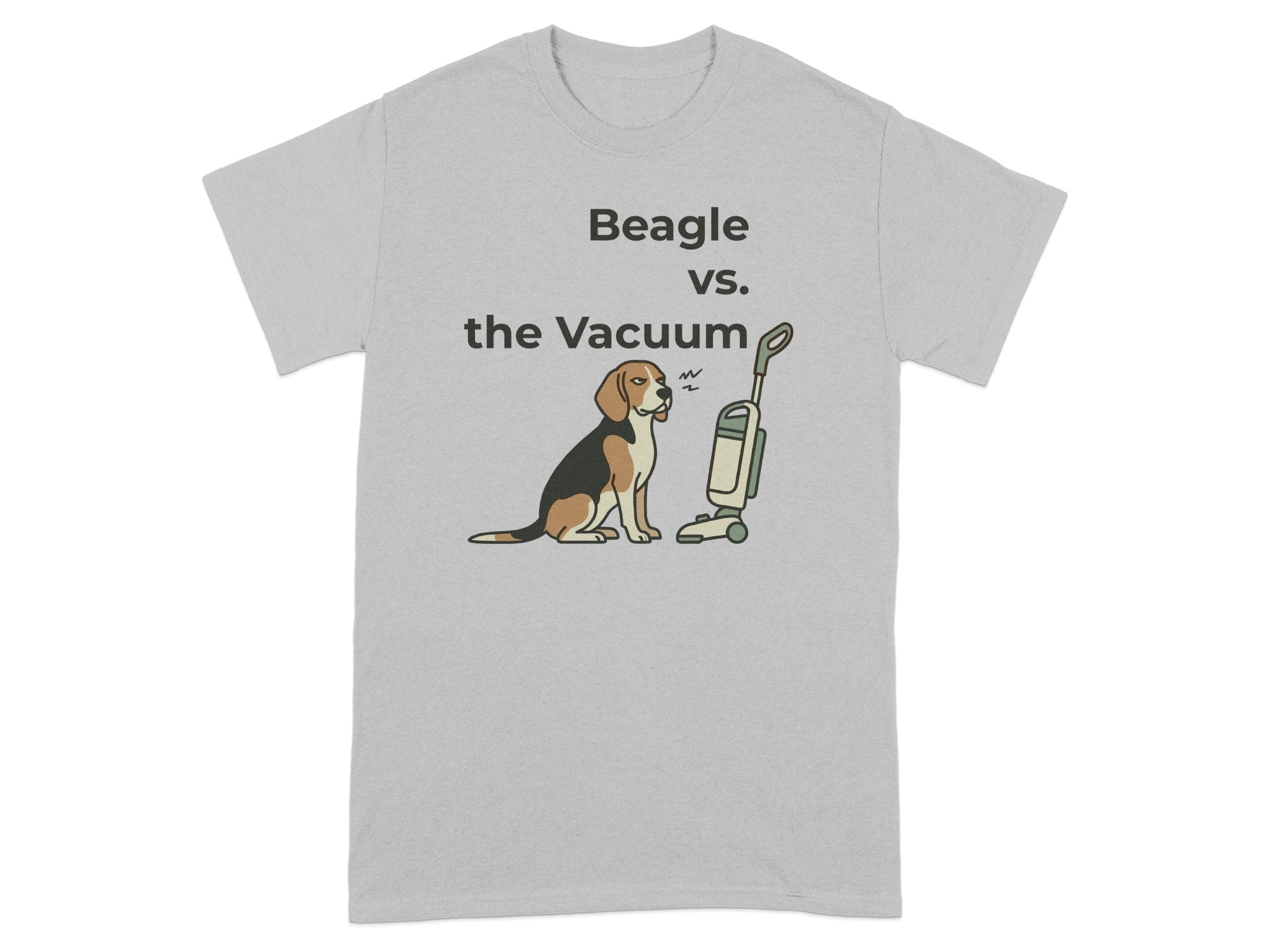 Beagle dog sitting in front of a vacuum cleaner with text "Beagle vs. the Vacuum".