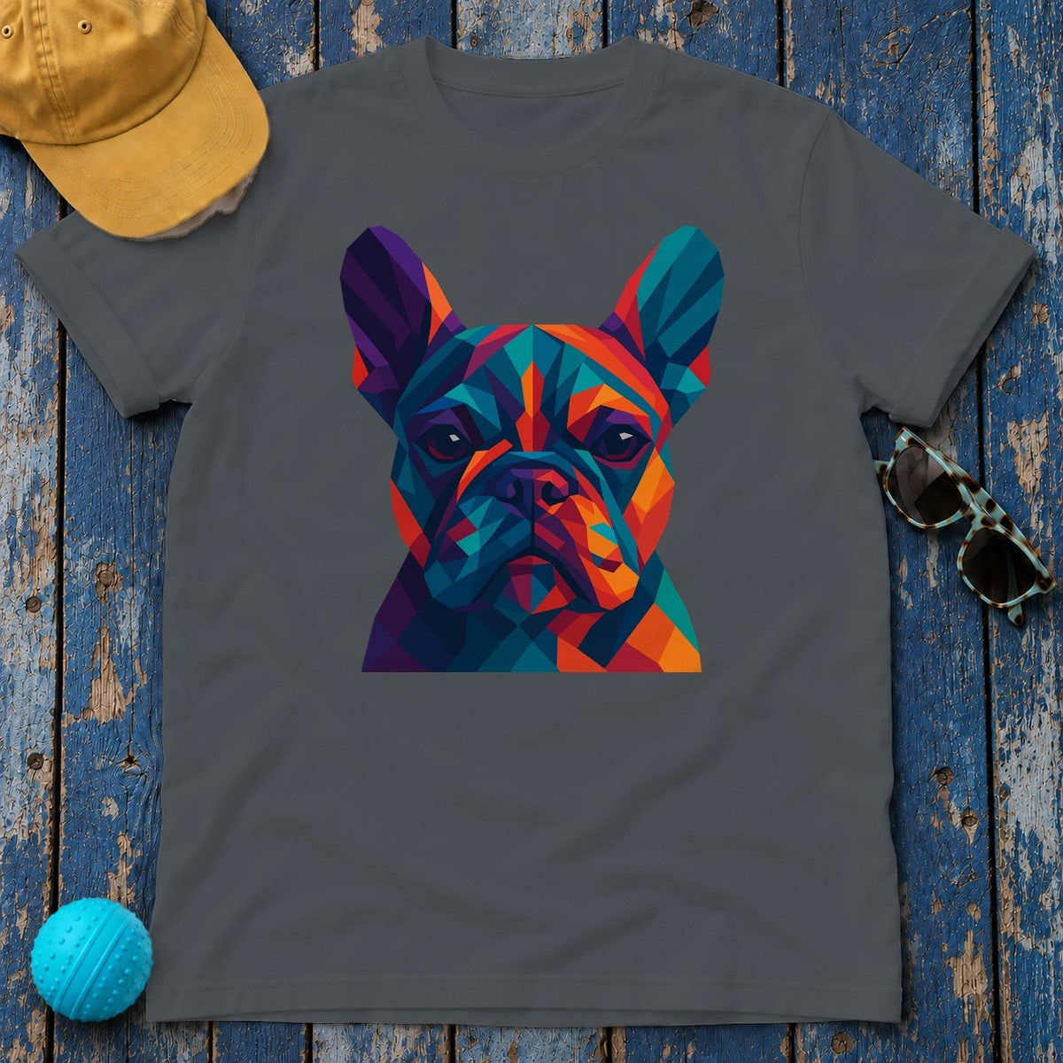 Geometric Colorful Frenchie Face T-Shirt in Charcoal