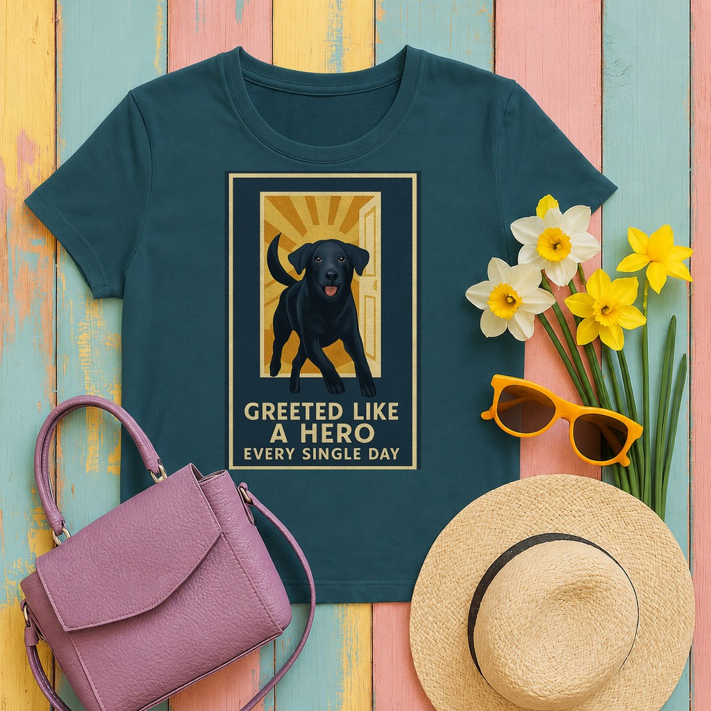 Black Lab Greeted Like a Hero T-shirt in Heather Deep Teal