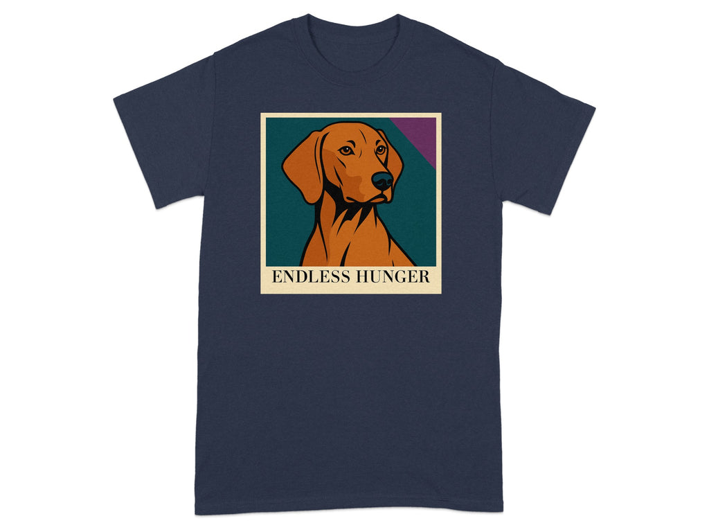 Dog portrait with text "ENDLESS HUNGER" on a navy t-shirt.