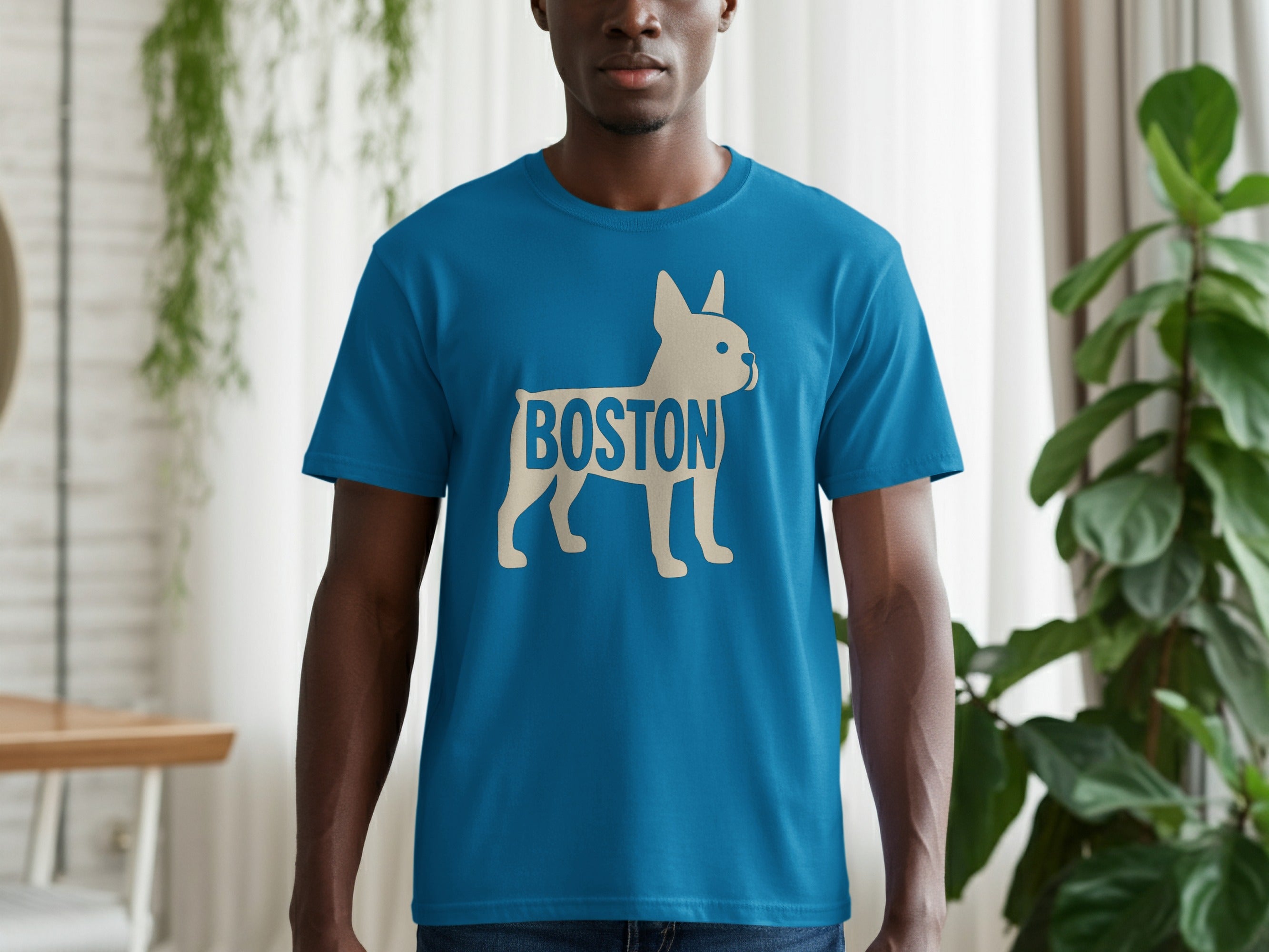 Blue t-shirt with a beige French bulldog silhouette and the word "BOSTON".