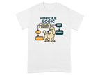 White t-shirt with "Poodle Logic" flowchart featuring a poodle and text.