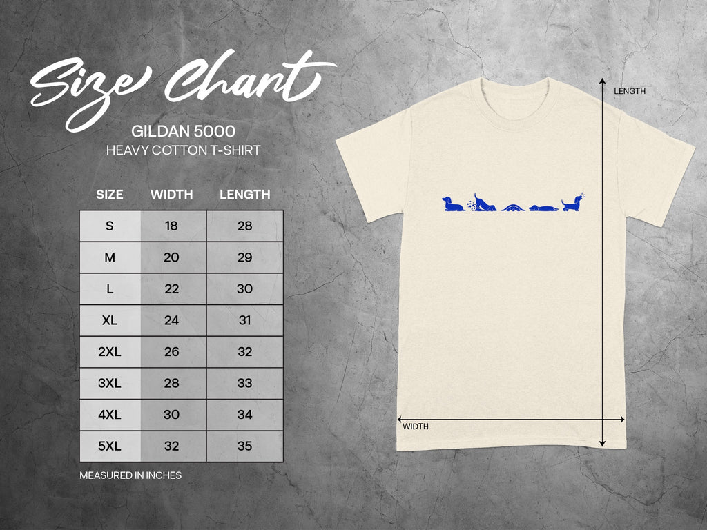 Gildan 5000 Heavy Cotton T-Shirt size chart in inches with width and length measurements.
