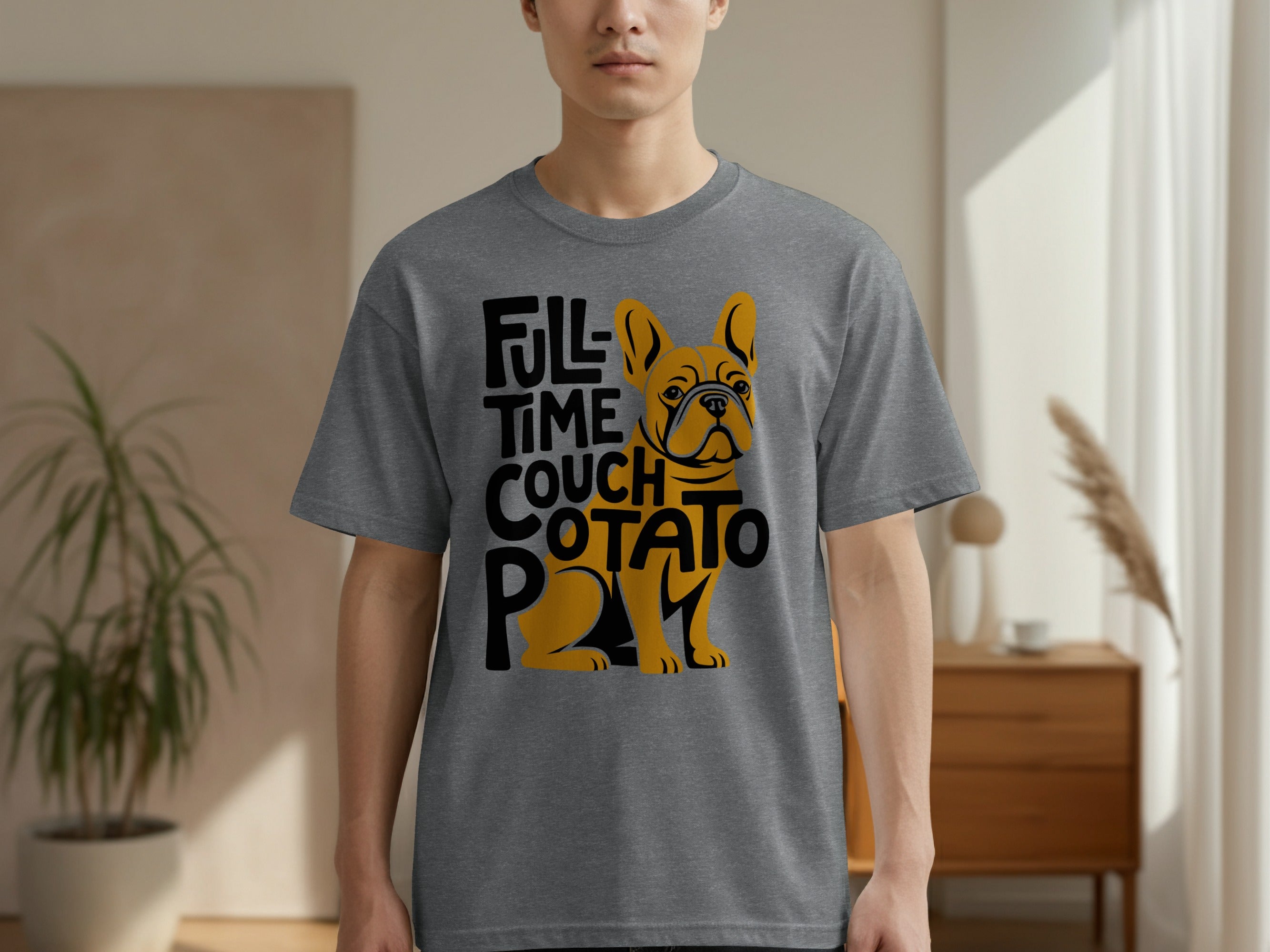 Grey t-shirt with a French bulldog and "Full Time Couch Potato" text.