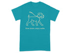 Teal t-shirt with a line drawing of a dog and the text "Slow down, enjoy walks."