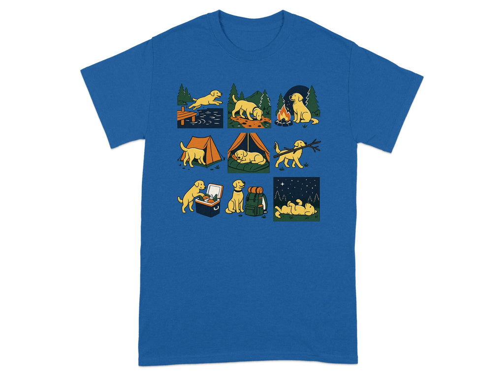 Illustration of yellow dogs camping and enjoying outdoor activities.