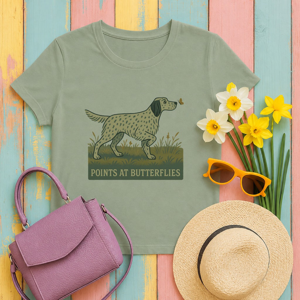 english setter points-at-butterflies tee flat lay hero