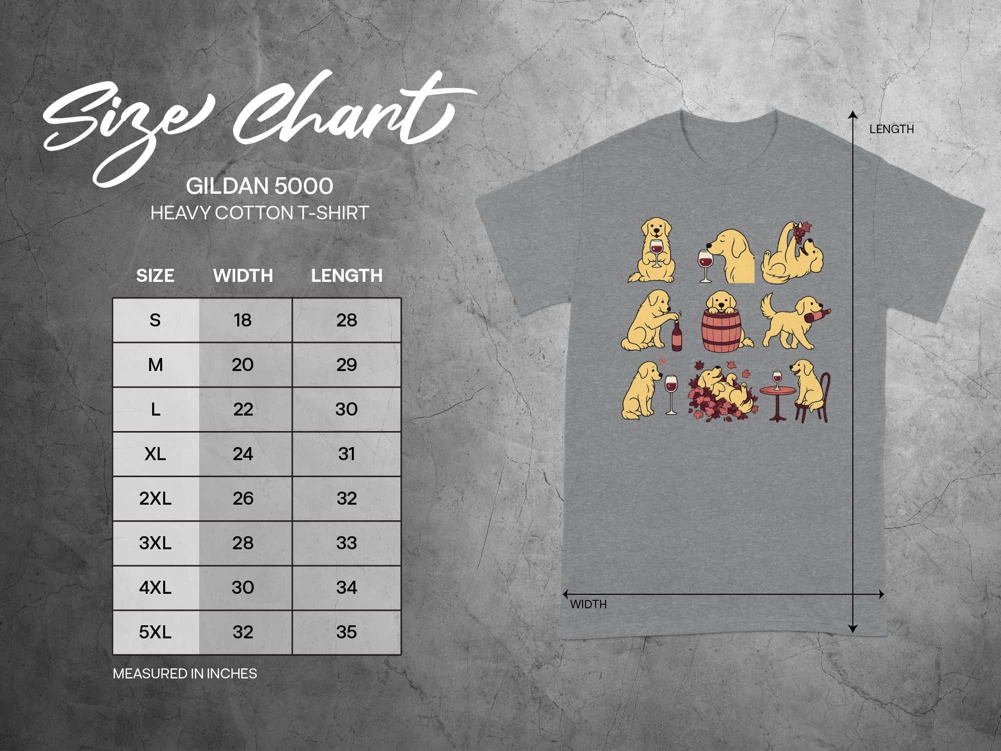 Gildan 5000 size chart with dog illustrations and width and length measurements.