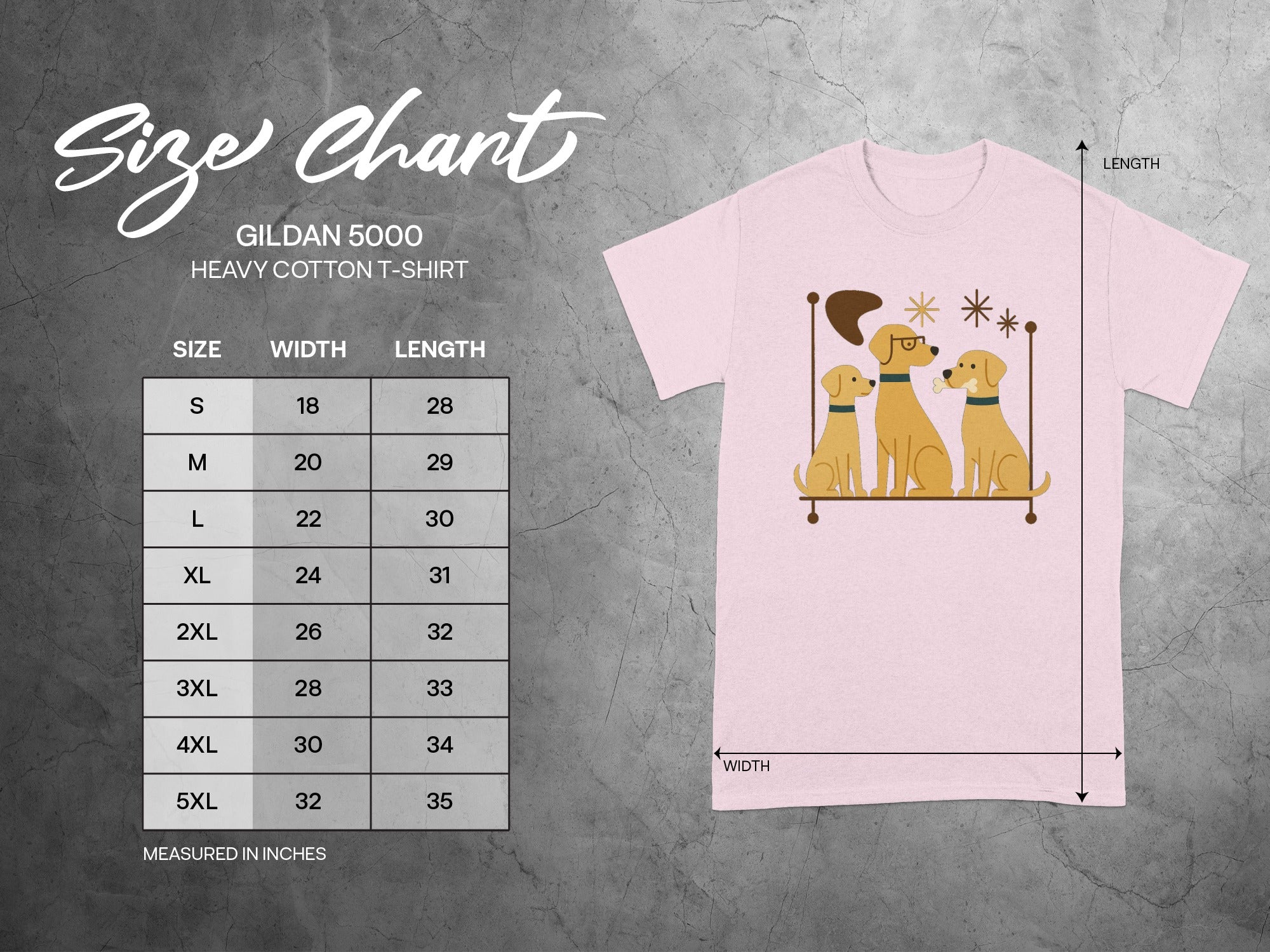 Gildan 5000 T-shirt size chart measuring width and length in inches.