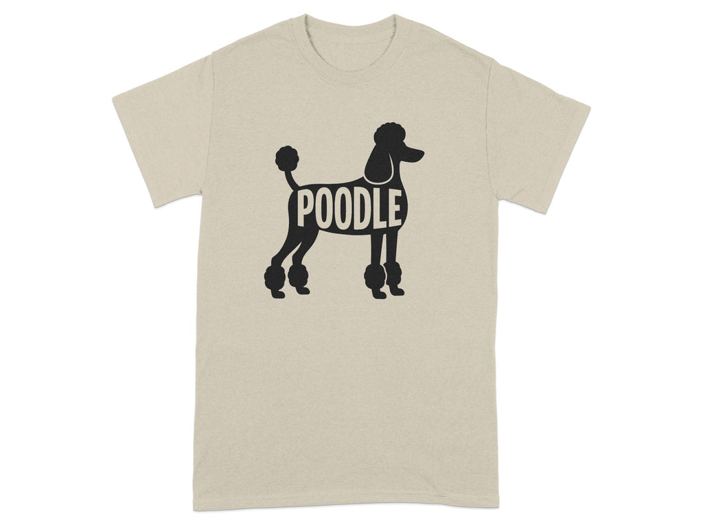 Black poodle silhouette with the word POODLE inside the body on a tan t-shirt.