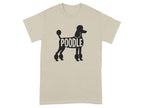 Black poodle silhouette with the word POODLE inside the body on a tan t-shirt.
