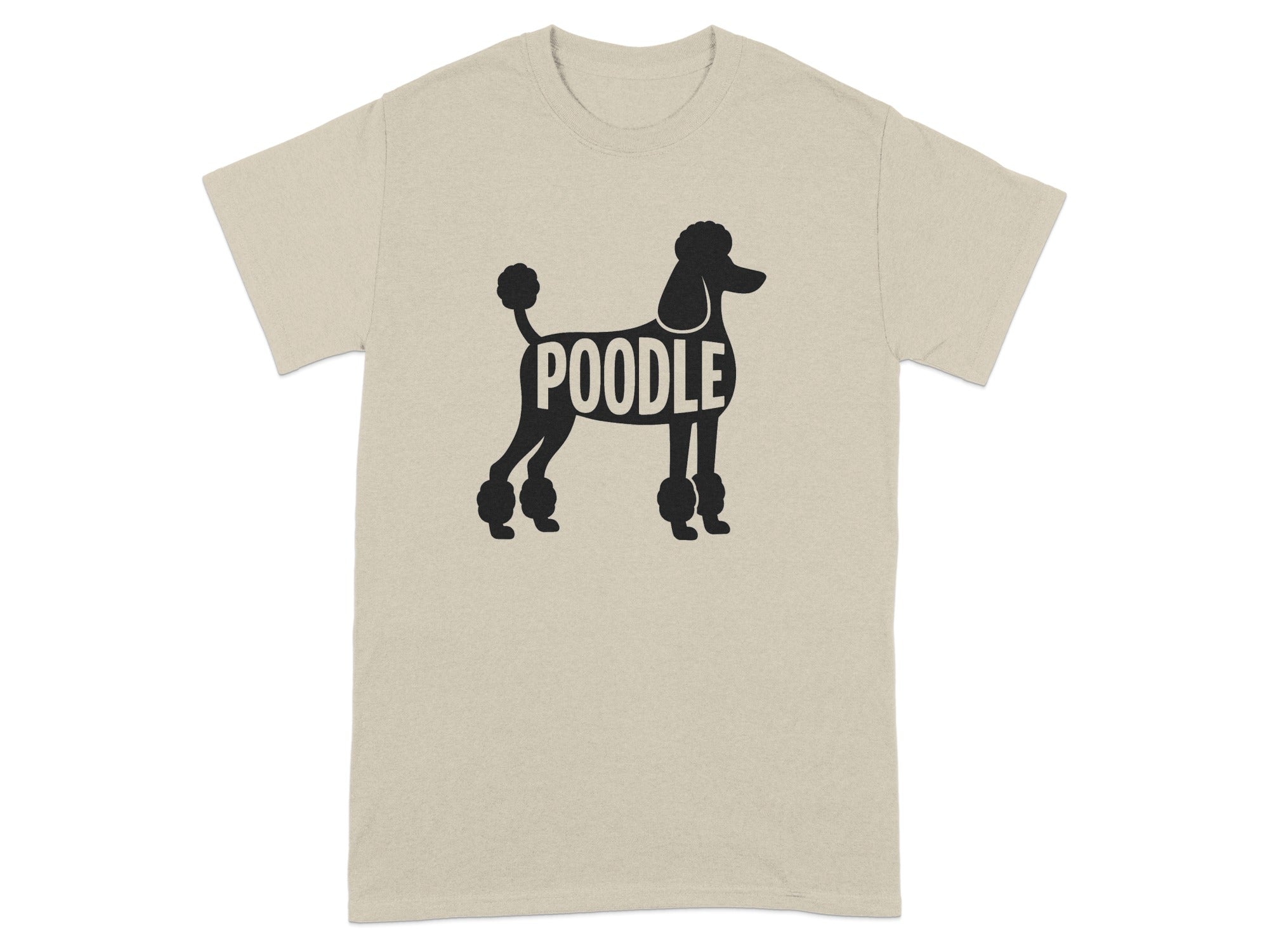Black poodle silhouette with the word POODLE inside the body on a tan t-shirt.