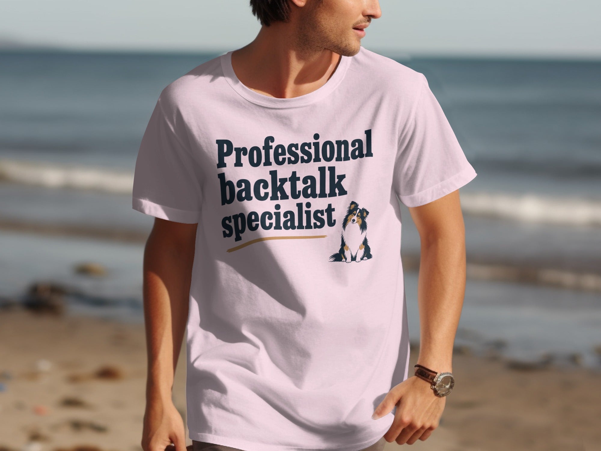 White t-shirt with "Professional backtalk specialist" text and a dog.