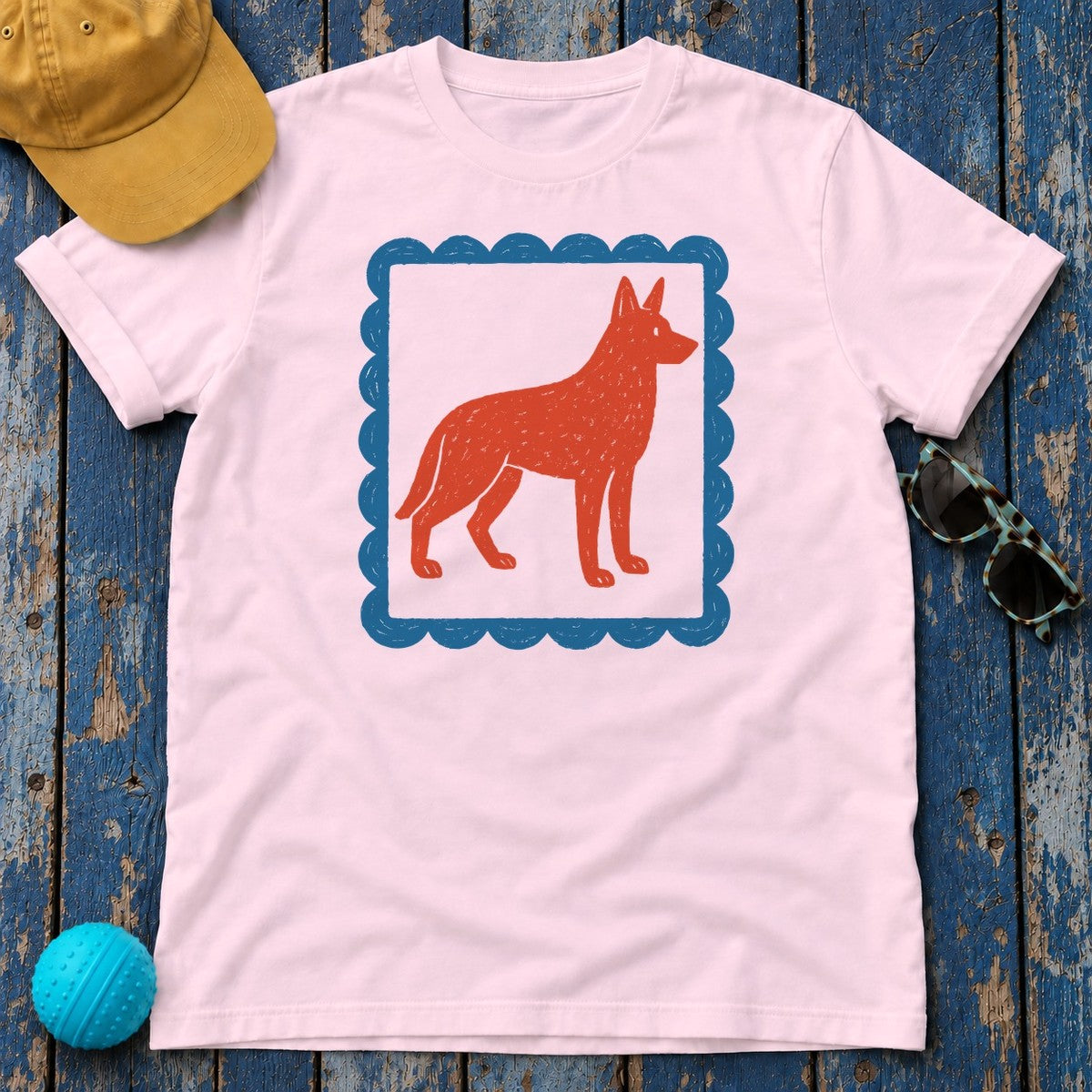 German Shepherd Stamp With Blue Border Decorative Design T-Shirt in Light Pink