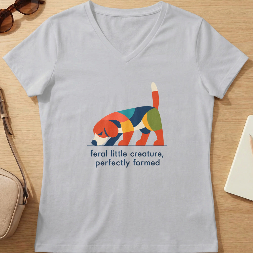 Light gray v-neck t-shirt with a colorful geometric dog graphic and text.