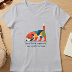 Light gray v-neck t-shirt with a colorful geometric dog graphic and text.