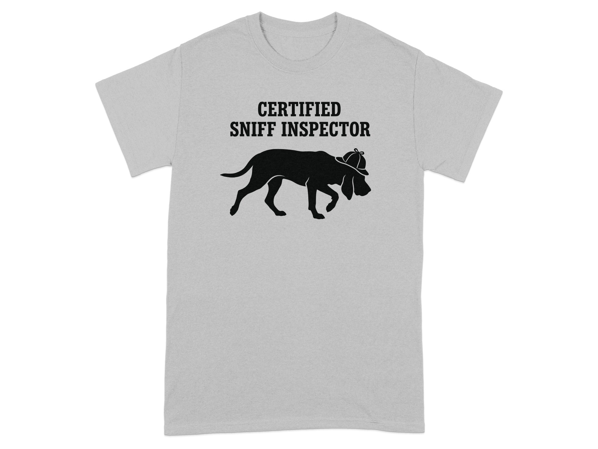 Black t-shirt with a dog wearing a detective hat and text "CERTIFIED SNIFF INSPECTOR".