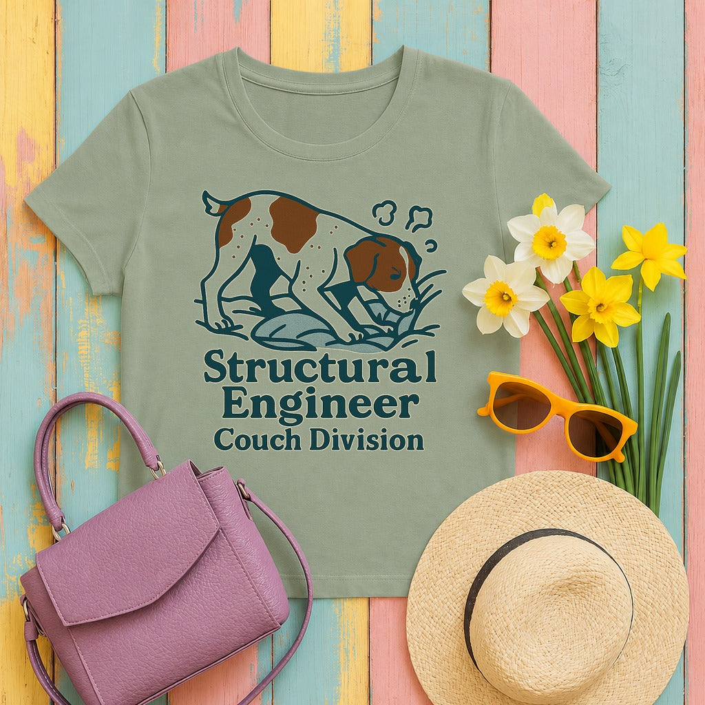 Brittany Spaniel Structural Engineer, Couch Division T-shirt in Sage