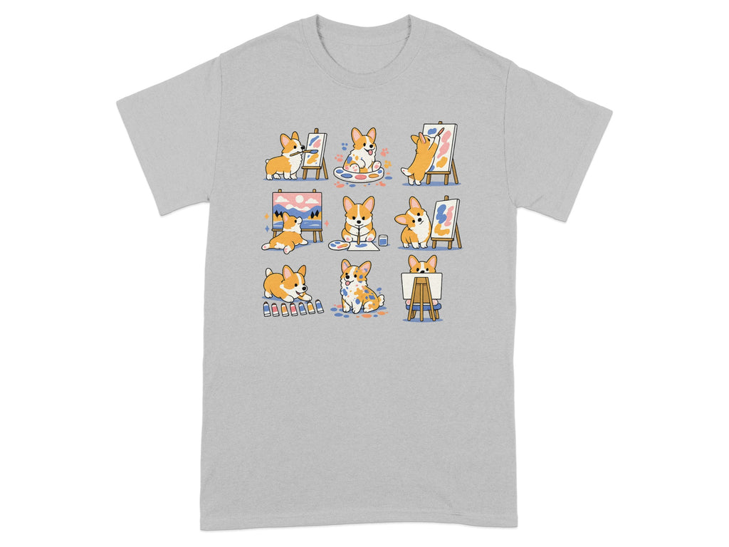 Cute corgis painting various colorful artworks on easels and canvases.