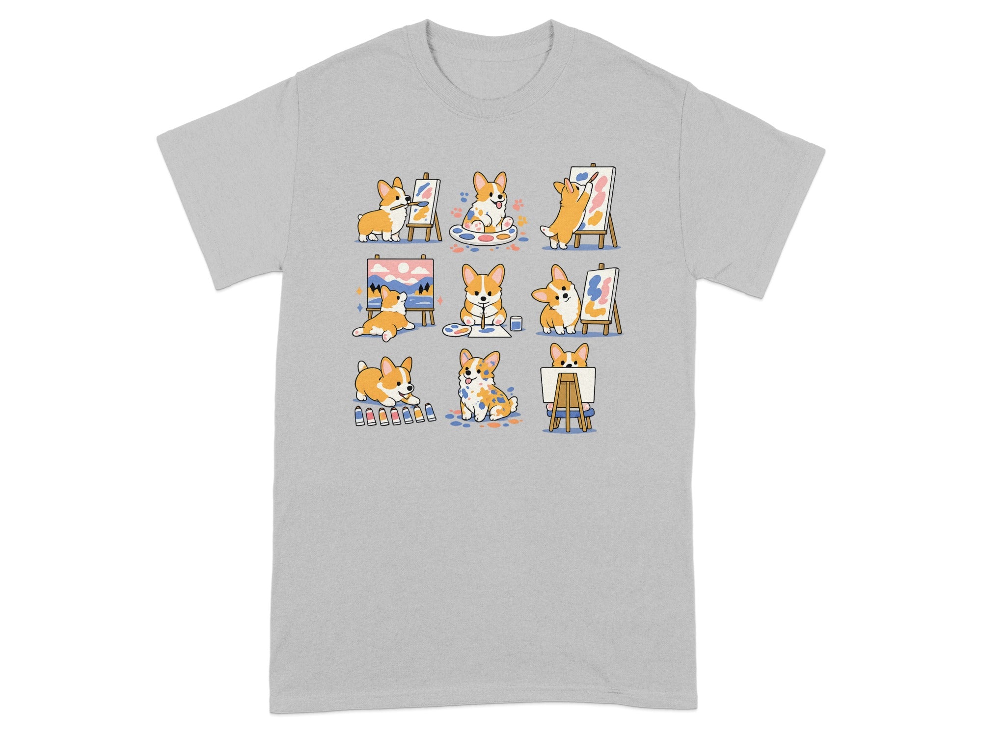 Cute corgis painting various colorful artworks on easels and canvases.