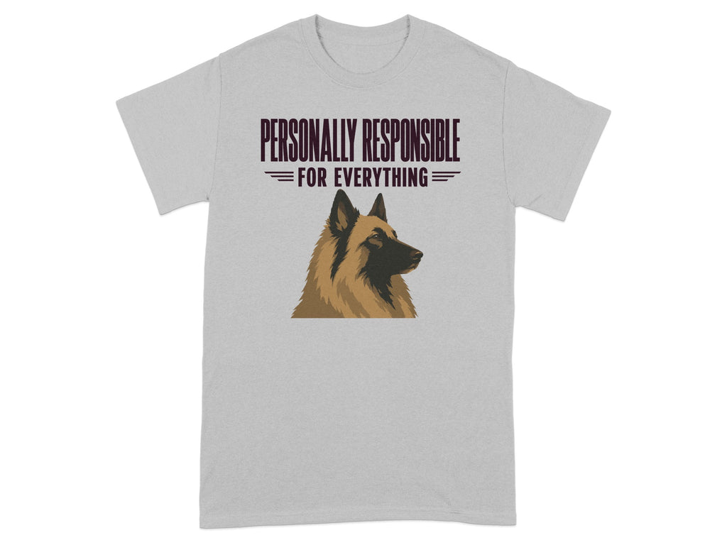 Grey t-shirt with dog graphic and "Personally Responsible For Everything" text.
