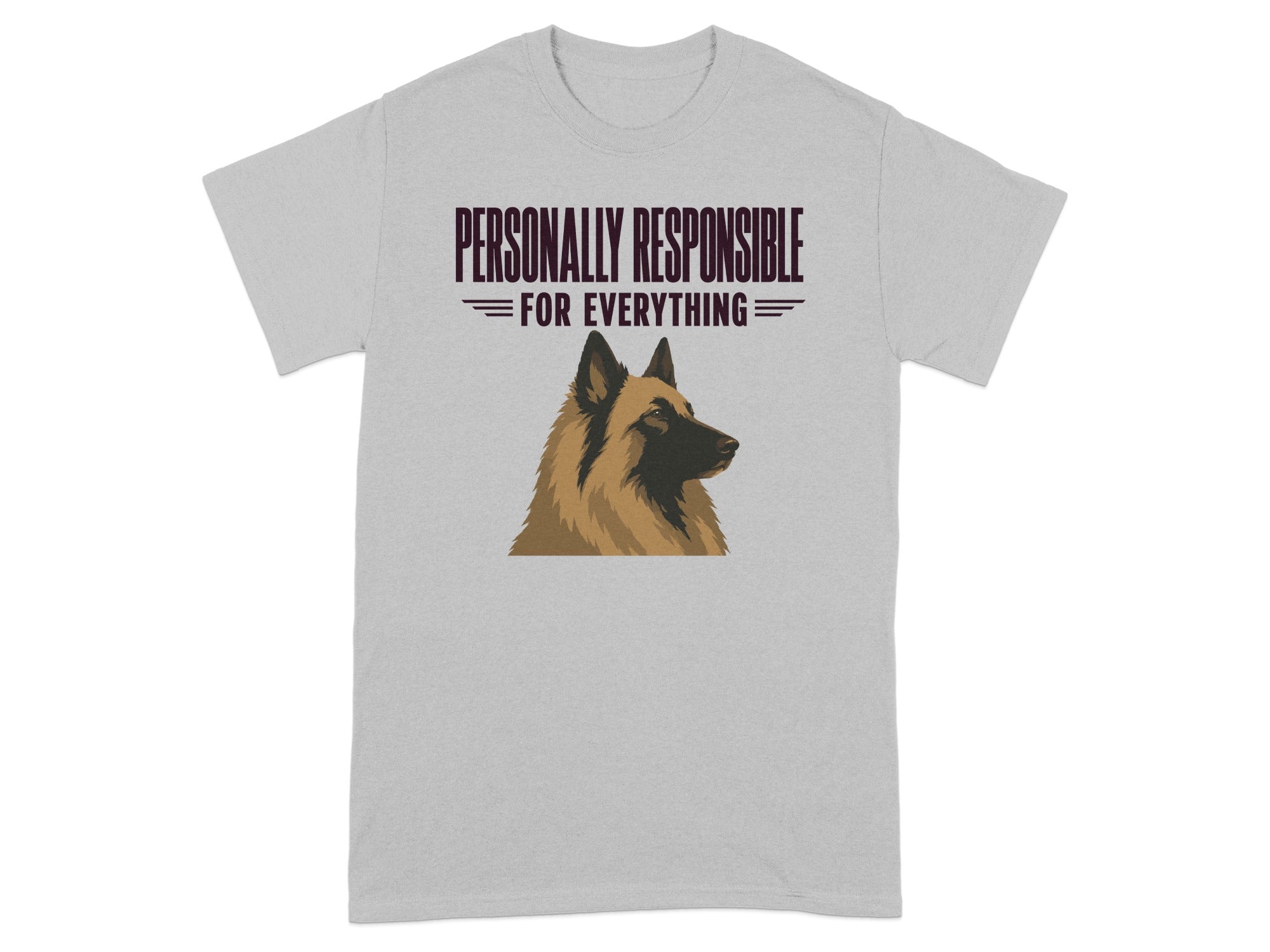 Grey t-shirt with dog graphic and "Personally Responsible For Everything" text.