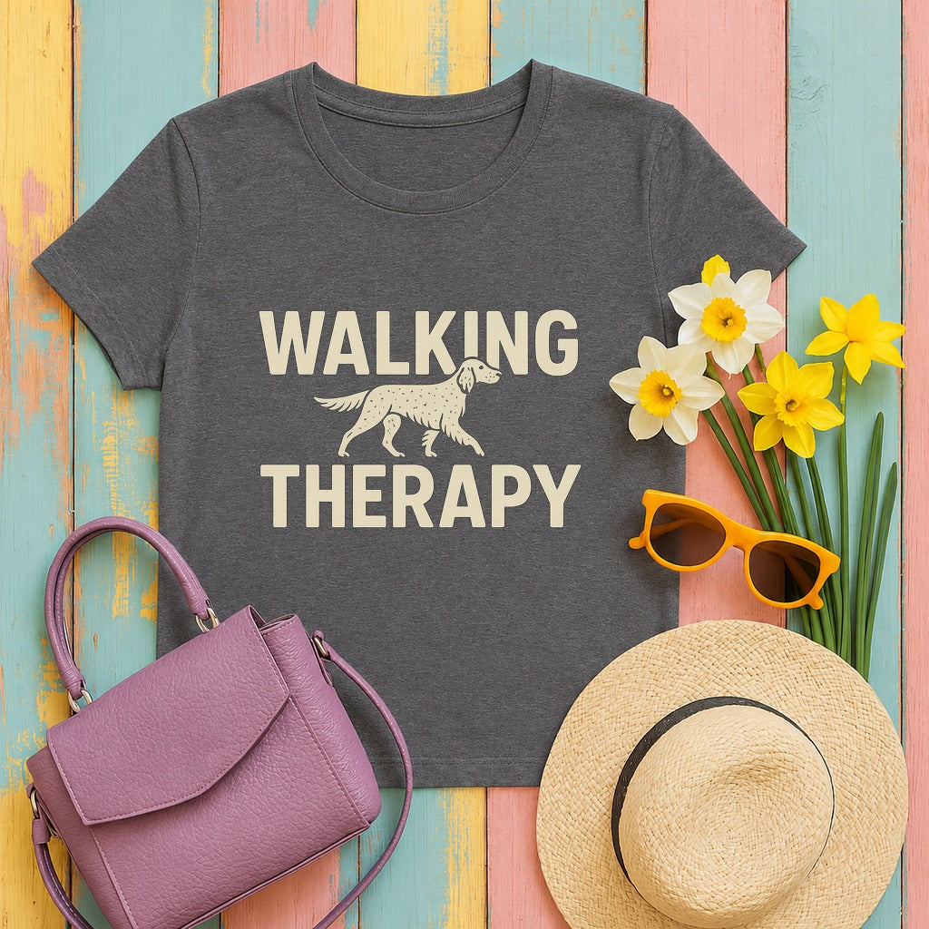 english setter walking-therapy tee flat lay hero
