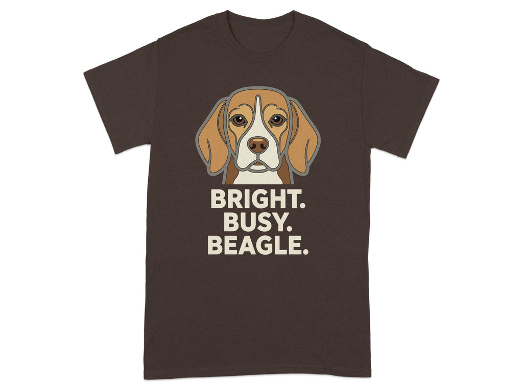 Brown t-shirt with a cartoon Beagle and text "BRIGHT. BUSY. BEAGLE."