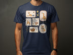Corgi illustrations with paw prints, dog toys, and baskets on a navy t-shirt.