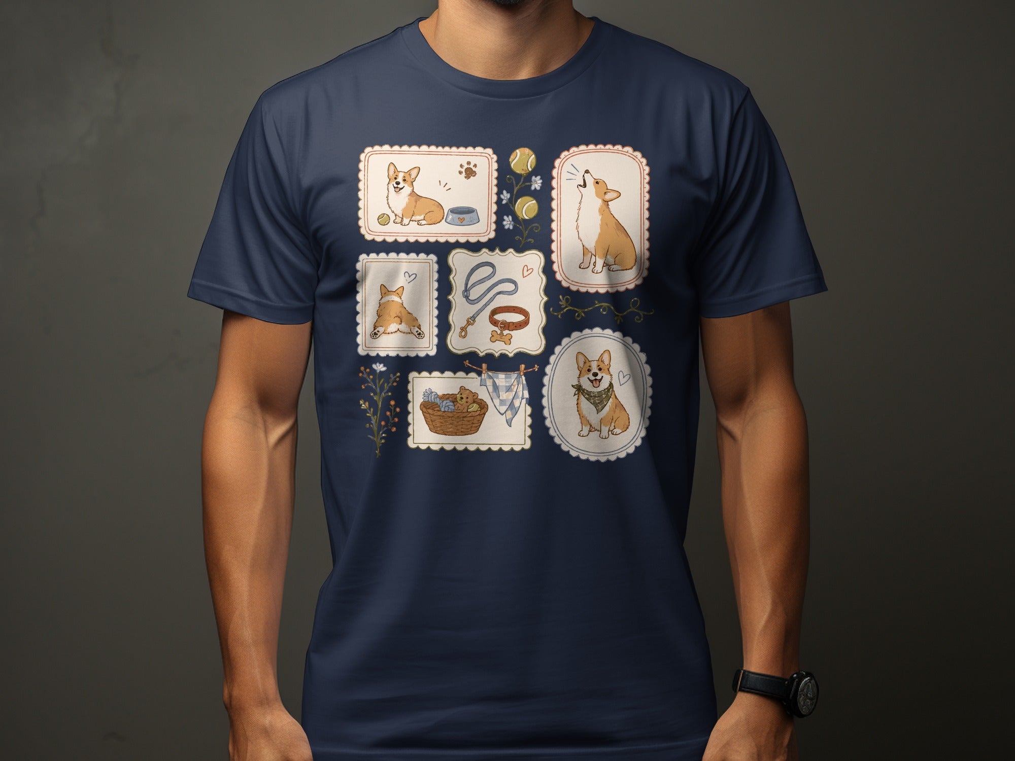 Corgi illustrations with paw prints, dog toys, and baskets on a navy t-shirt.