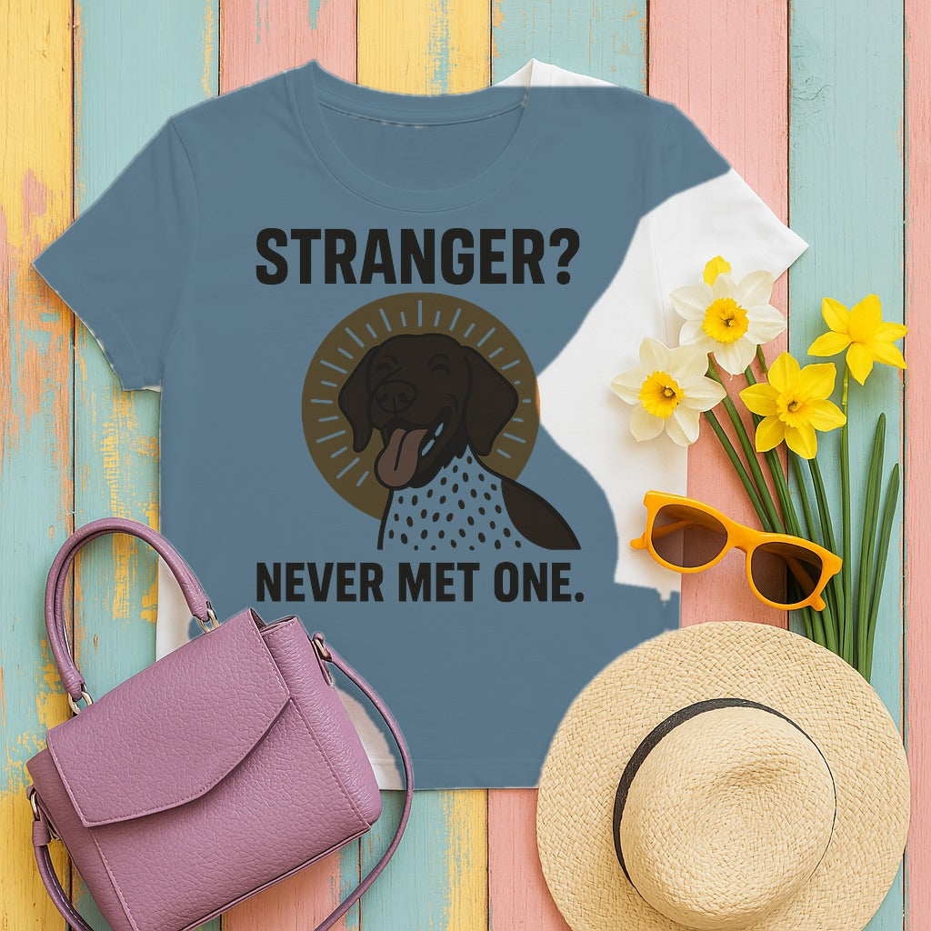 German Shorthaired Pointer Never Met a Stranger Tee styled flat lay on Steel Blue