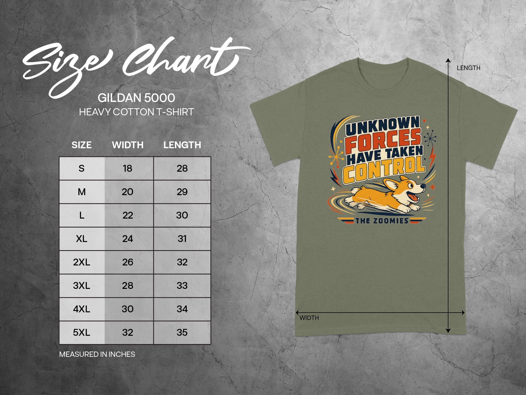 Gildan 5000 t-shirt size chart with width and length measurements.