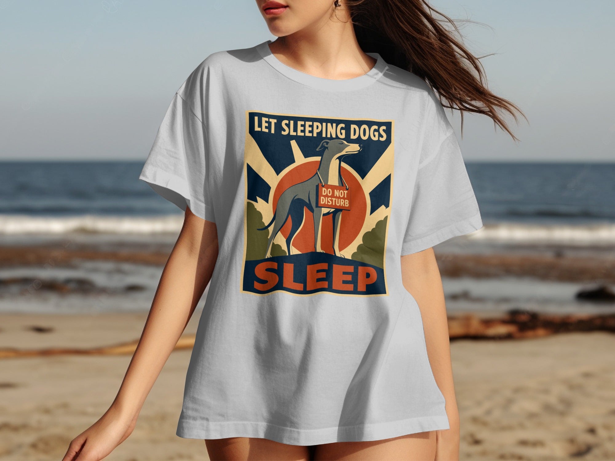White t-shirt with "Let Sleeping Dogs Sleep. Do Not Disturb" text and dog graphic.