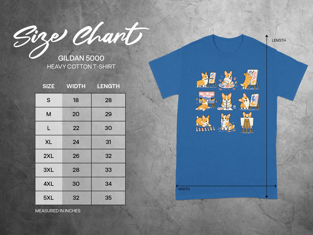 Gildan 5000 heavy cotton t-shirt size chart with dimensions in inches.